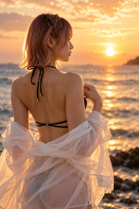 黄昏海边粉米色长发女性背影人像