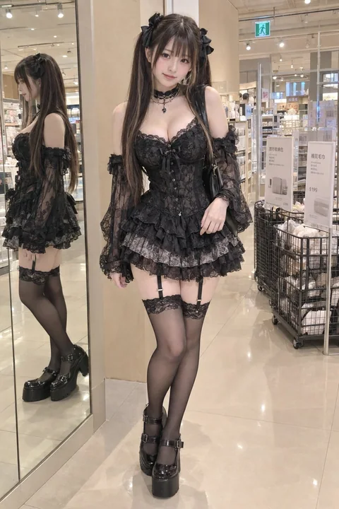 哥特洛丽塔风格东亚女性商场全身像