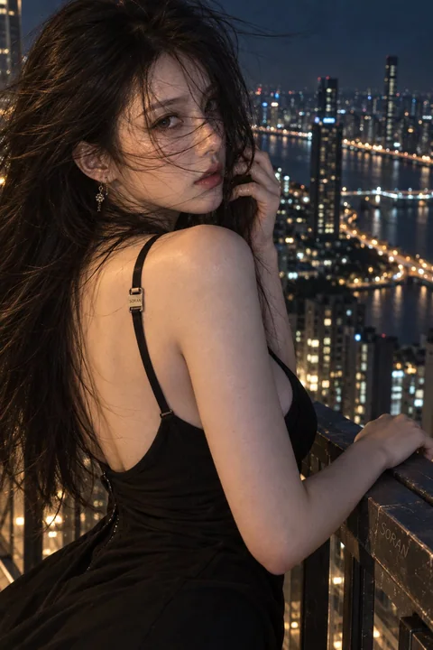 都市夜景背身回眸写实女性人像
