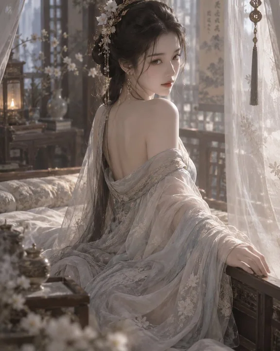 软纱长衣侧坐榻边温软神情
