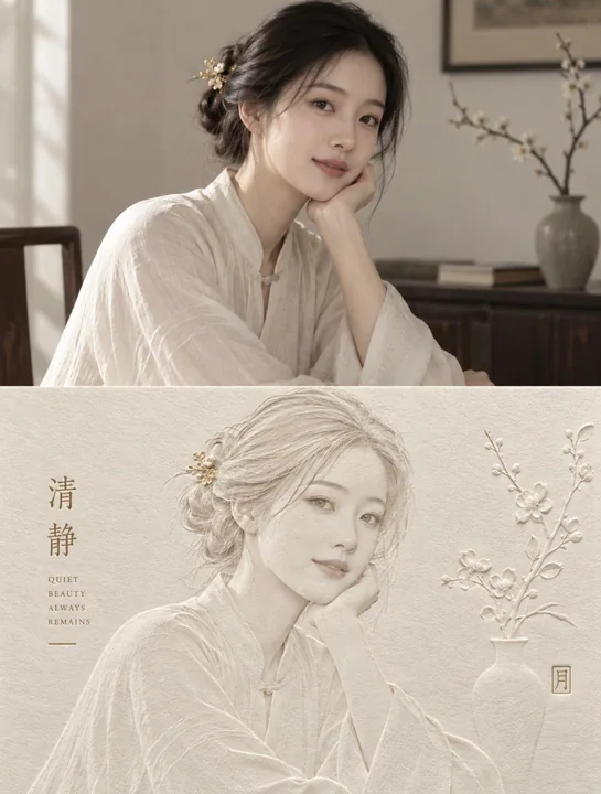 真实影像与东方极简纸雕压印双拼海报
