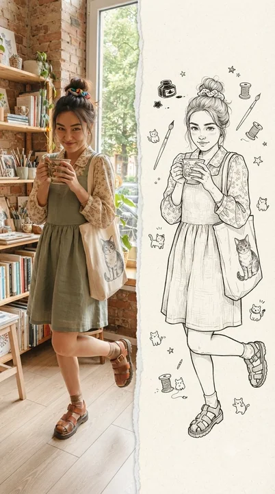 撕纸效果写实人像与线稿插画对比