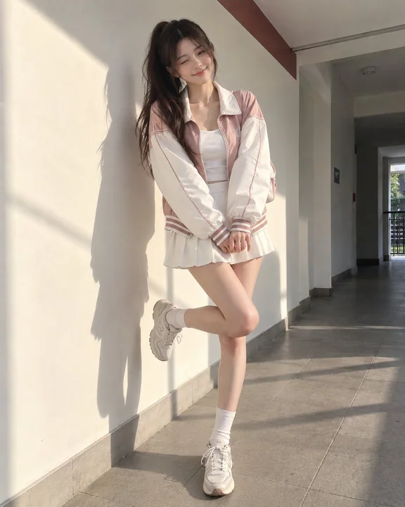 室内极简拼色风衣少女时尚人像