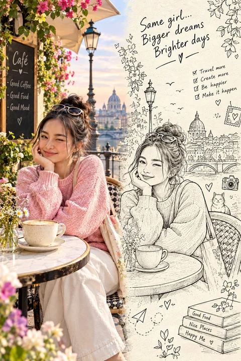 东亚女性分屏实拍与水墨线稿对比