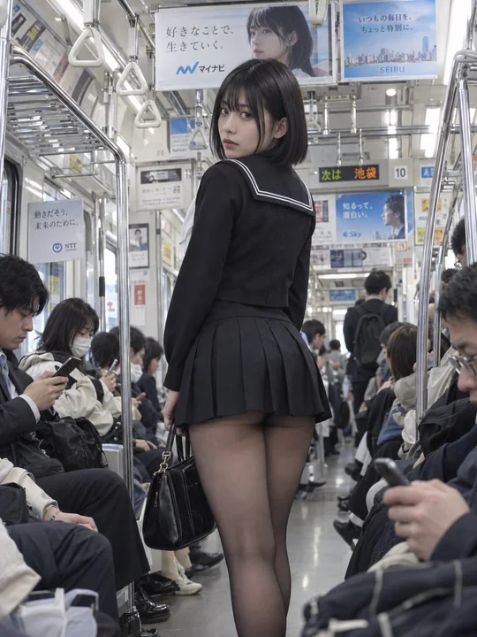 超写实日系地铁街拍黑色水手服女性