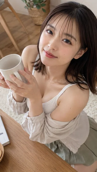 温暖客厅捧杯仰望的日本女性写实摄影