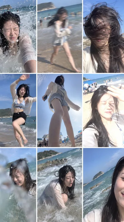海边戏水失败照片九宫格