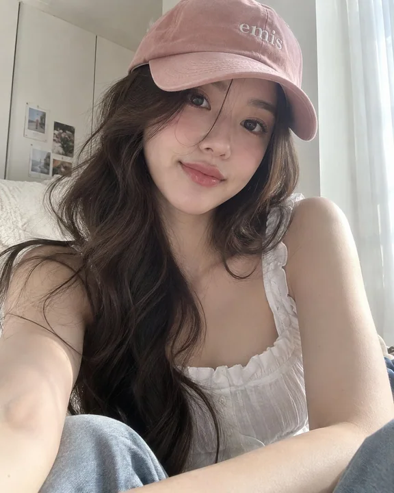 戴粉色棒球帽的棕发女性写实生活照