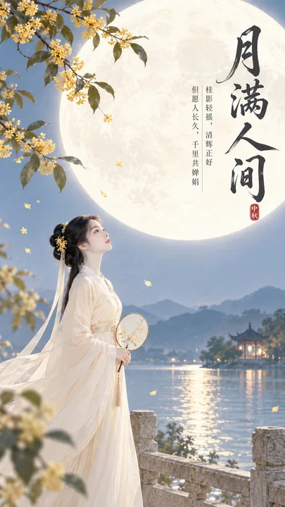 东方禅意极简中秋古风女子海报