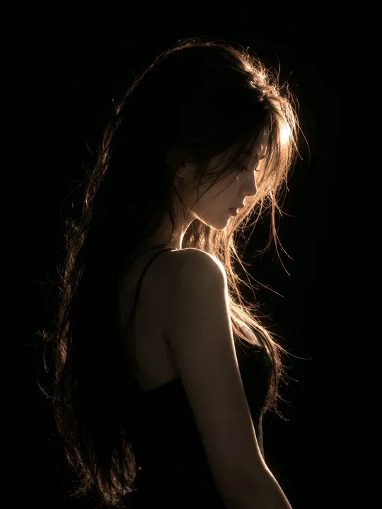深黑背景暖光侧影女性艺术人像