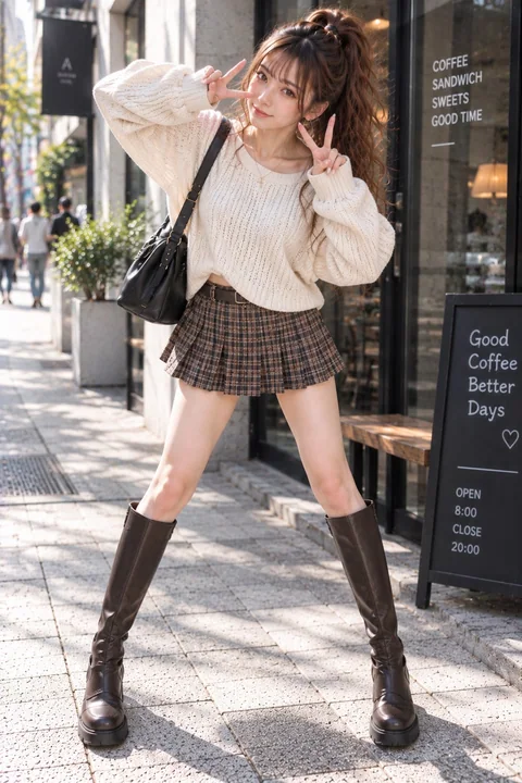 日系街头时尚高马尾女生全身像