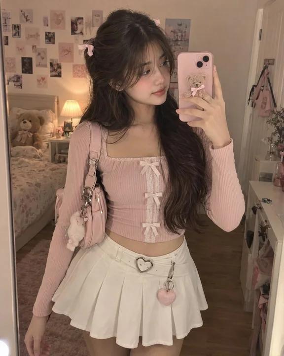 室内镜面自拍粉色系少女
