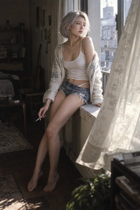 窗边抽烟的银发东亚女性胶片写真
