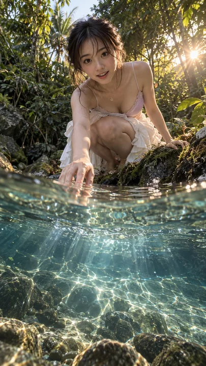 水下仰拍视角溪边女性人像