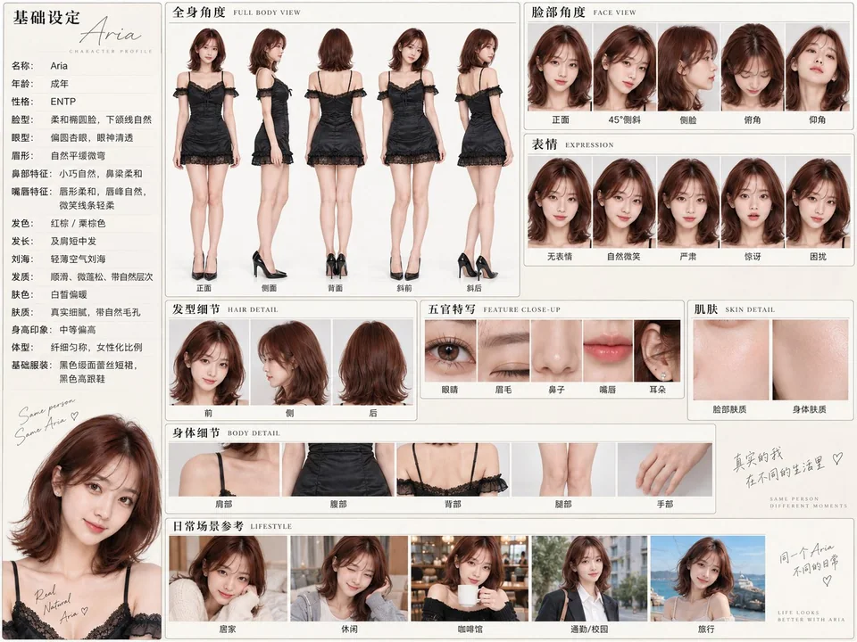 AI美女角色固定参考图集生成