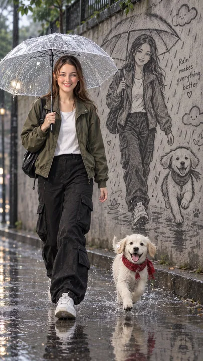 电影感雨天女子与小狗及速写壁画