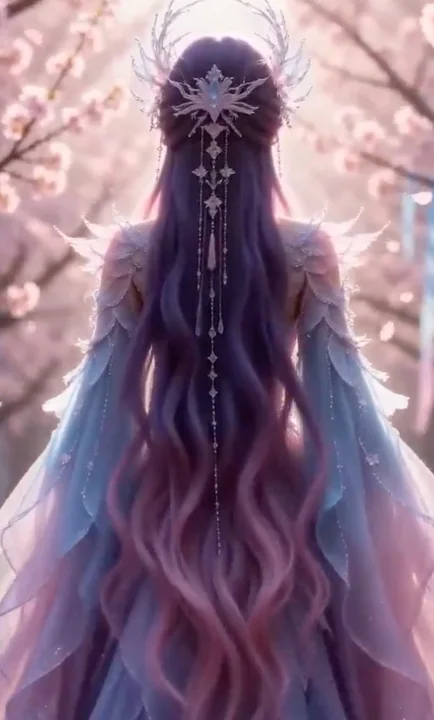 梦幻桃林中紫发仙子的绝美舞姿