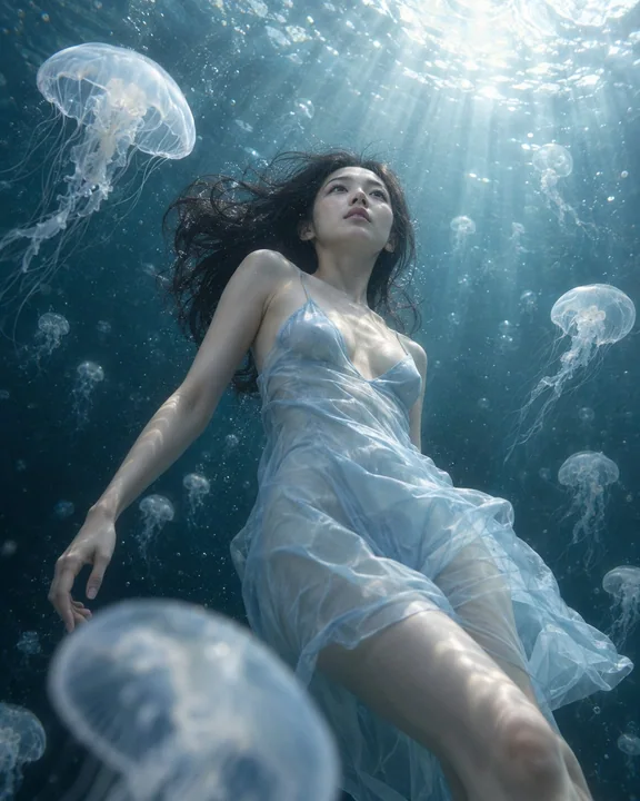 梦幻宁静水下东亚女性写实肖像
