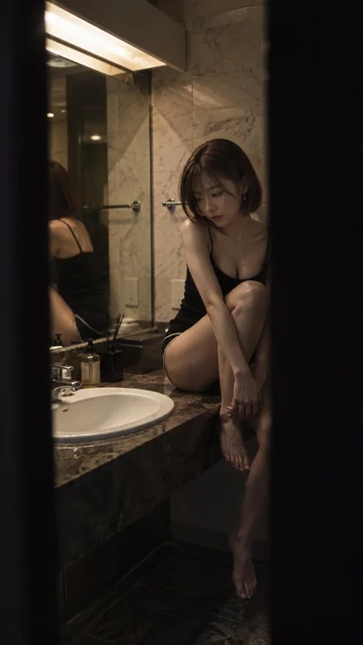 昏暗大理石浴室中的忧郁日本女性写实人像