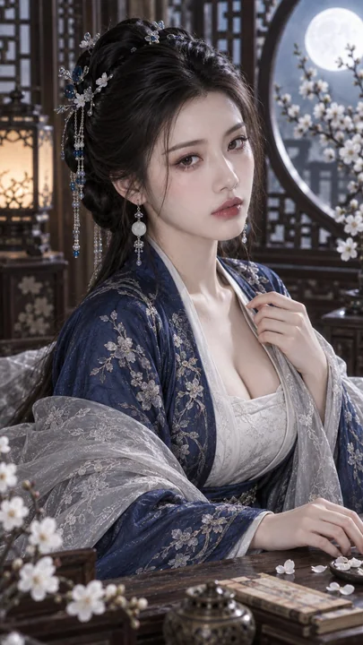 古风清冷高级美妆特写群青映月