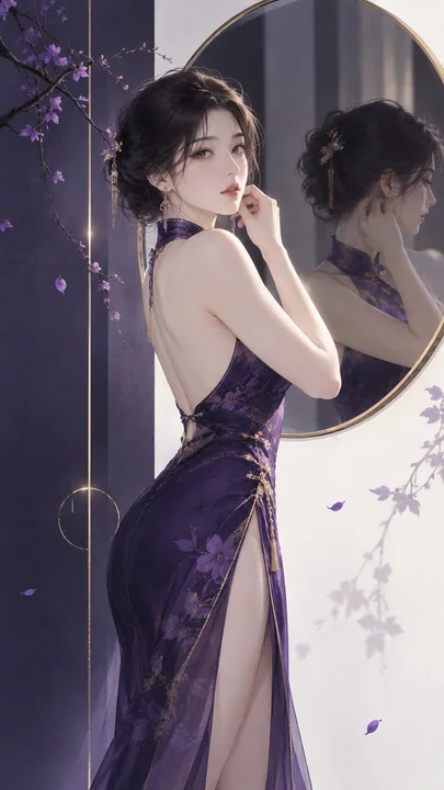 极简圆镜前整理耳饰的东方女性高级立绘