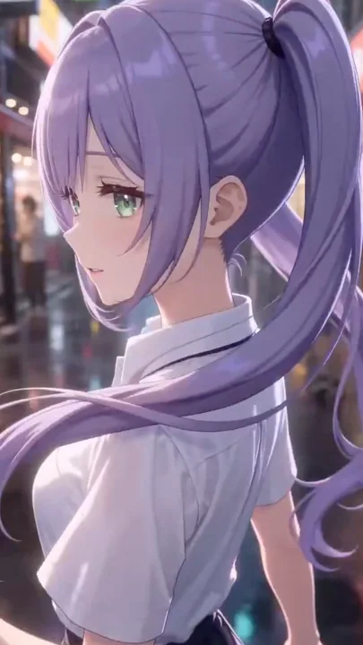 Le regard en arrière éblouissant d'une jeune fille aux cheveux violets sur la rue aux teintes chaudes.