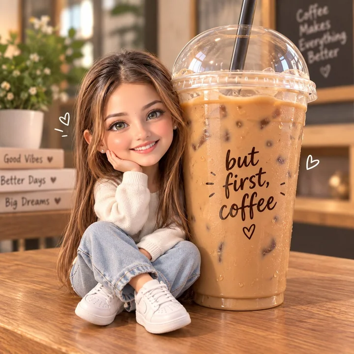 3D卡通迷你少女与巨型咖啡杯