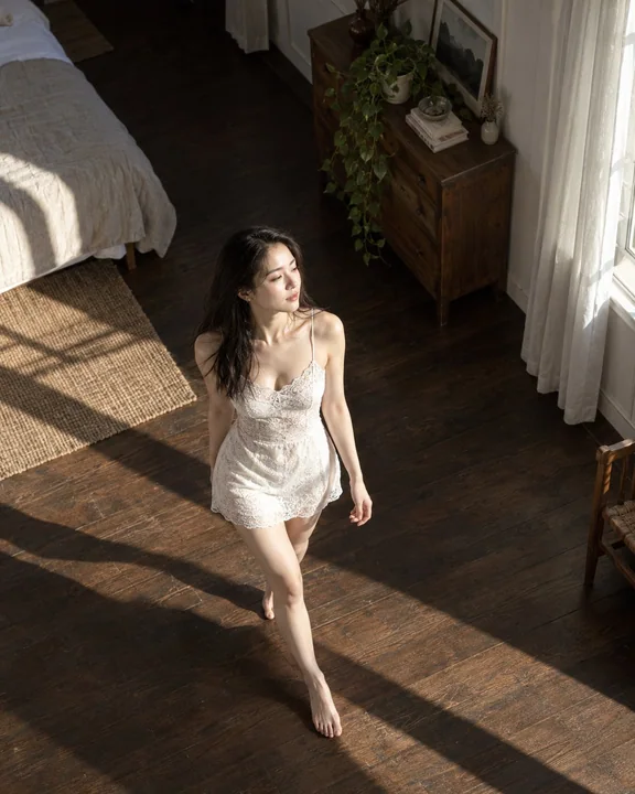 晨光房间内的东亚女性时尚人像摄影