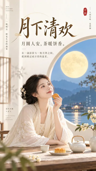 东方禅意极简中秋生活美学封面海报