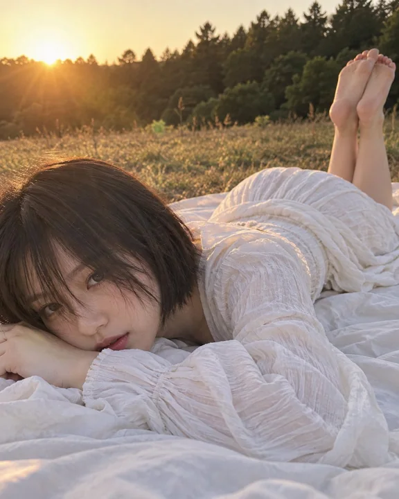 日落草地白裙短发女性超写实摄影