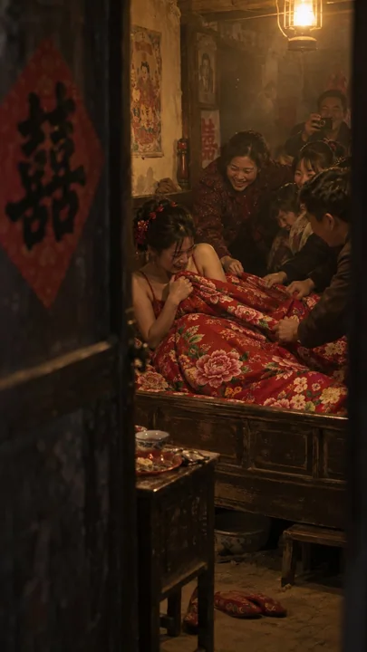纪实抓拍红色婚纱新娘老式木床