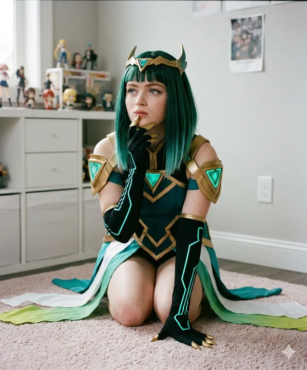 Une jeune fille en cosplay de science-fiction hardcore dans la pièce d'un otaku