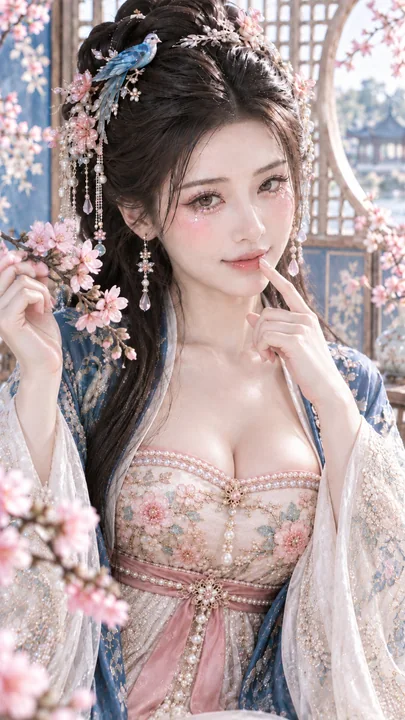 古风撞色美妆女主春日桃花特写