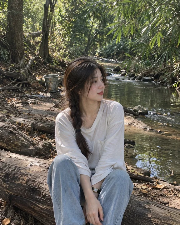 森林溪边独坐的年轻女性写实人像
