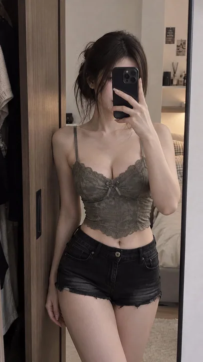 卧室镜前自拍的橄榄绿蕾丝上衣少女