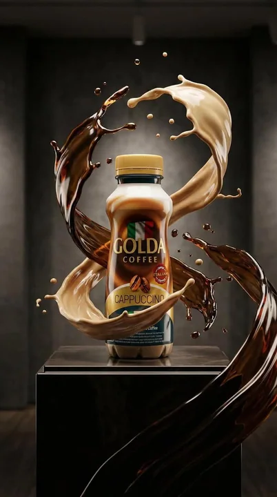 Une campagne publicitaire luxueuse mettant en scène la collision des flammes et du givre sur une bouteille de café.