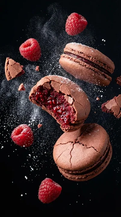 Macaron hyper-réalistique suspendu et photographie en macro des baies
