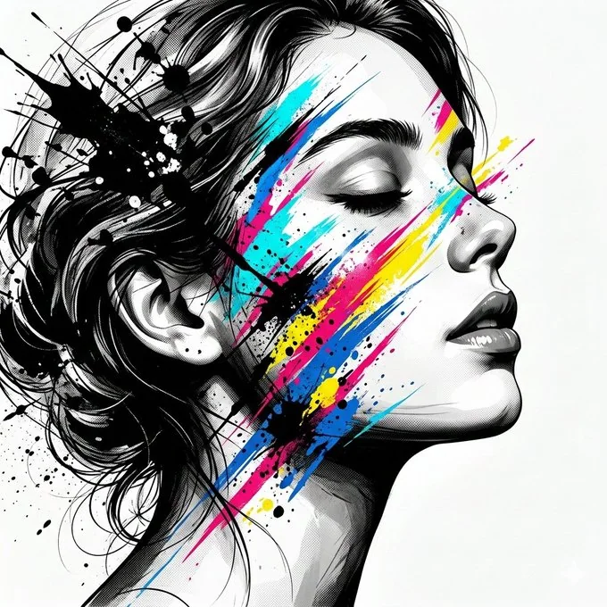 الرسم التصويري النسائي بالألوان المتعارضة والطلاء بالحبر المتناثر تحت الضوء والظلال الأبيض والأسود