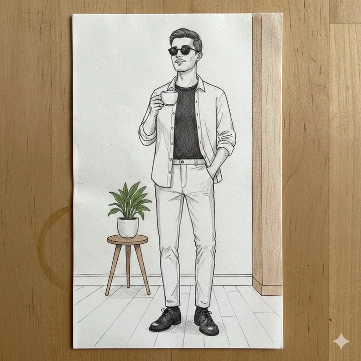 A hand-drawn sketch of a stylish man in a minimalist space