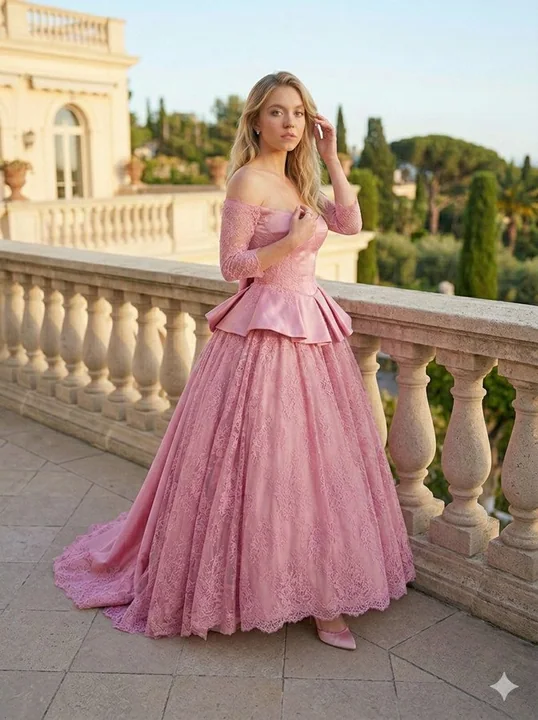 Renowned performer in a dusty purple-pink evening gown under the golden sunset