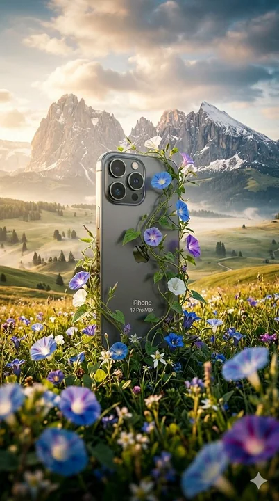 Альпийские луга, усыпанные цветами: фотореалистичный плакат iPhone Air, окружённый соцветиями.