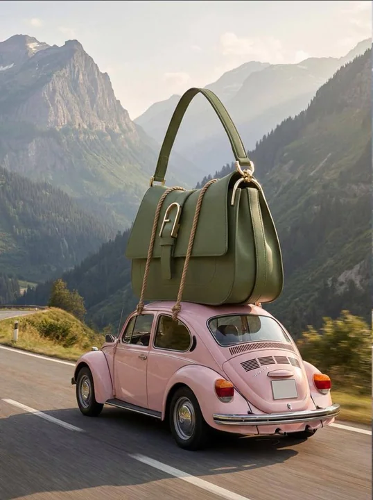 Le voyage fantastique du grand sac à main et de la Volkswagen Cabriolet rose