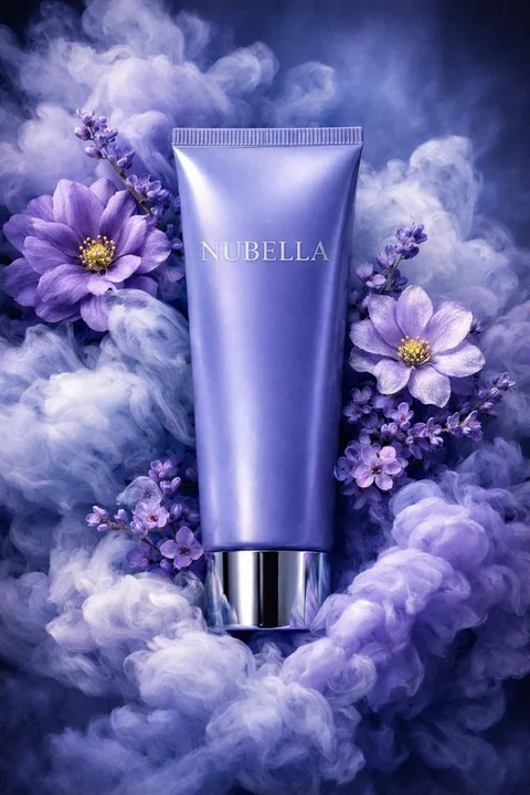 Le tube de soin NUBELLA entouré d'une brume éthérée aux teintes bleu nuit et violet, symbole de luxe.