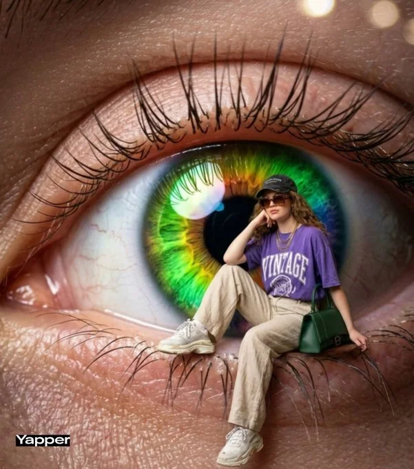 Фэшн-девушка в стиле сюрреализма из неоновой радужной оболочки глаза