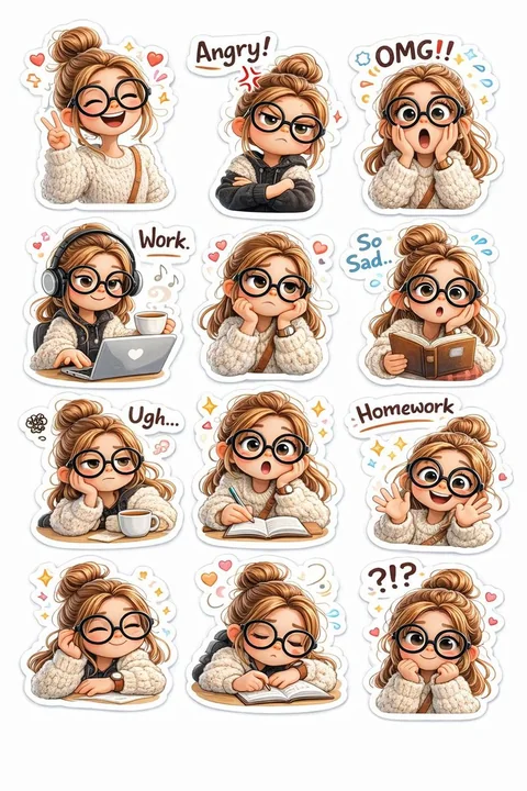 ملصقات تعبيرات الوجه بأسلوب 3D ثلاثي الأبعاد بنمط بيكسار لفتاة