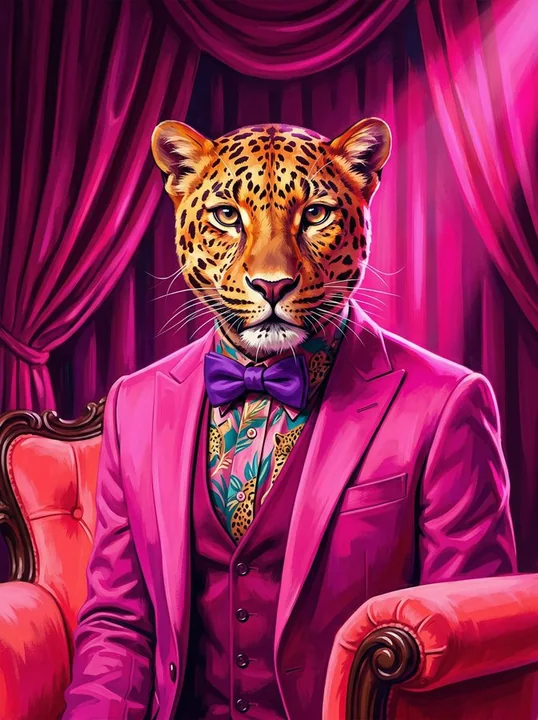 A gentleman in a pink leopard-print suit bathed in magenta light and shadow.