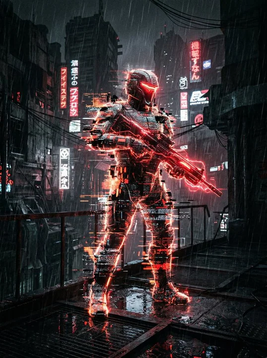 Holographic warrior in cyberpunk ruins