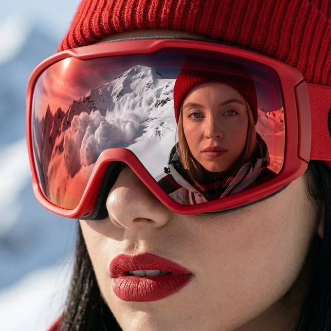 赤いスキーマスクが反射し、ドゥア・リパと雪崩の奇跡的な光景映える。