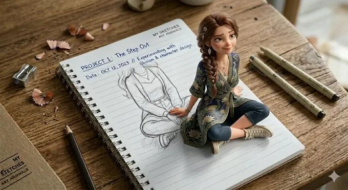 クリエイティブな 3D イラスト錯覚:絵葉書から歩み出る愛らしい少女