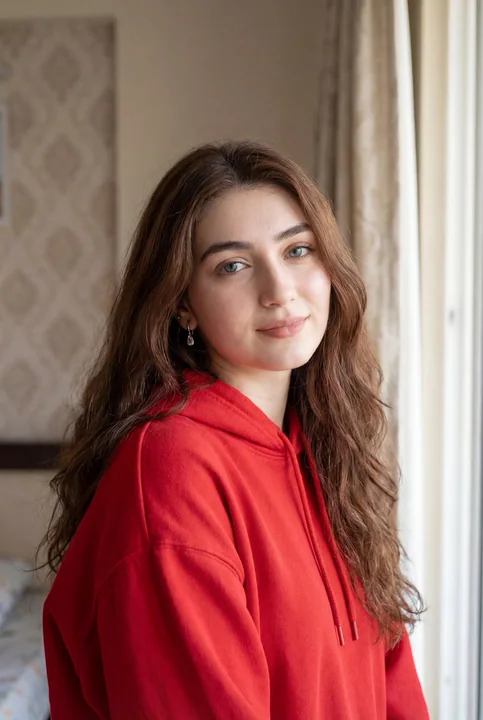 超リアルな自然光を帯びた、赤い服を着た若い女性の寝室ポートレート